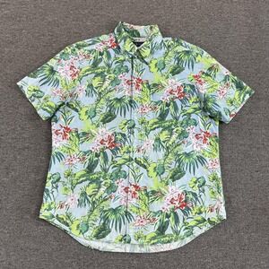 Ralph Lauren Shirt Mens Medium Green Blue Floral Short Sleeve Hawaiian Button Up